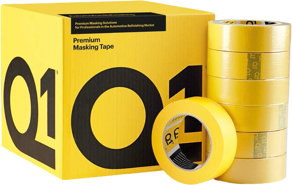 Q1 Premium Maskeleme Bandı Sarı — kutu ve rulo istifi
