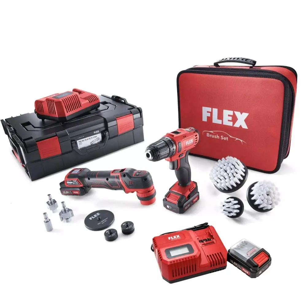 FLEX Pasta Cila Vidalama ve Temizlik Fırça Seti - PXE80 Mini Polisaj, DD 2G Şarjlı Matkap,3lü Fırça
