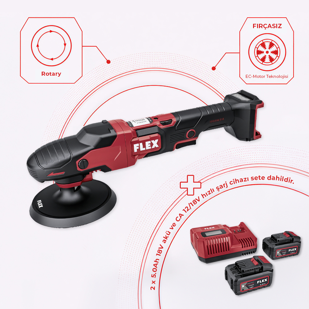FLEX PE 2 18-EC Çift Akülü Rotary Polisaj Makinesi Seti 18V (2. Nesil) | Fırçasız Kömürsüz Motor