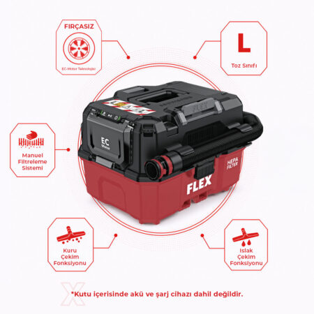 FLEX VC 9 L MC 18V Akülü Islak Kuru Süpürge 9 Litre | Profesyonel Şarjlı Mobil Vakum Makinesi