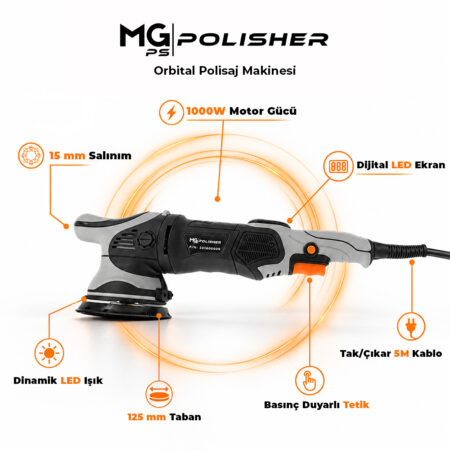 MG PS Orbital Polisaj Makinesi 1000W 125 mm | 15 mm Salınım, Dijital LED Ekranlı