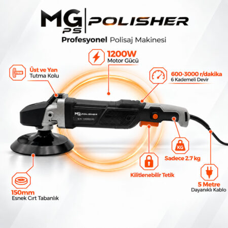 MG PS Rotary Polisaj Makinesi 1200W | 600–3000 Dev/Dk, 150 mm Esnek Tabanlık