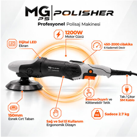 MG PS RX PRO Yüksek Torklu Rotary Polisaj Makinesi 1200W | Dijital LED Ekranlı, 450–2000 Dev/Dk