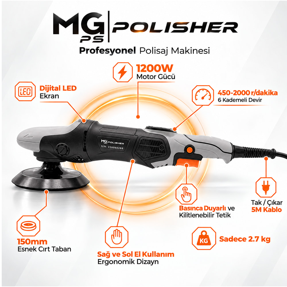 MG PS RX PRO Yüksek Torklu Rotary Polisaj Makinesi 1200W | Dijital LED Ekranlı, 450–2000 Dev/Dk